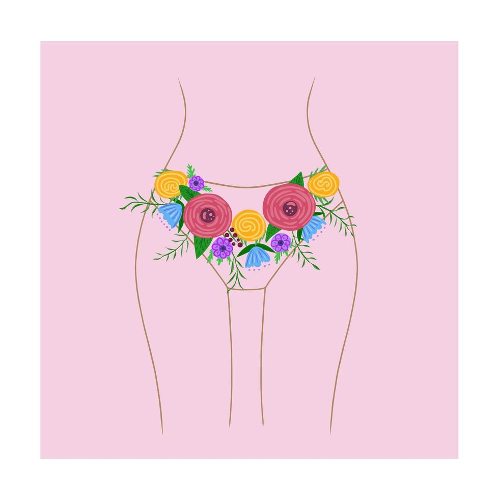 The concept of women's health with a female body, a female groin, a uterus  and flowers in the pelvic area. Vector illustration. Stock Vector