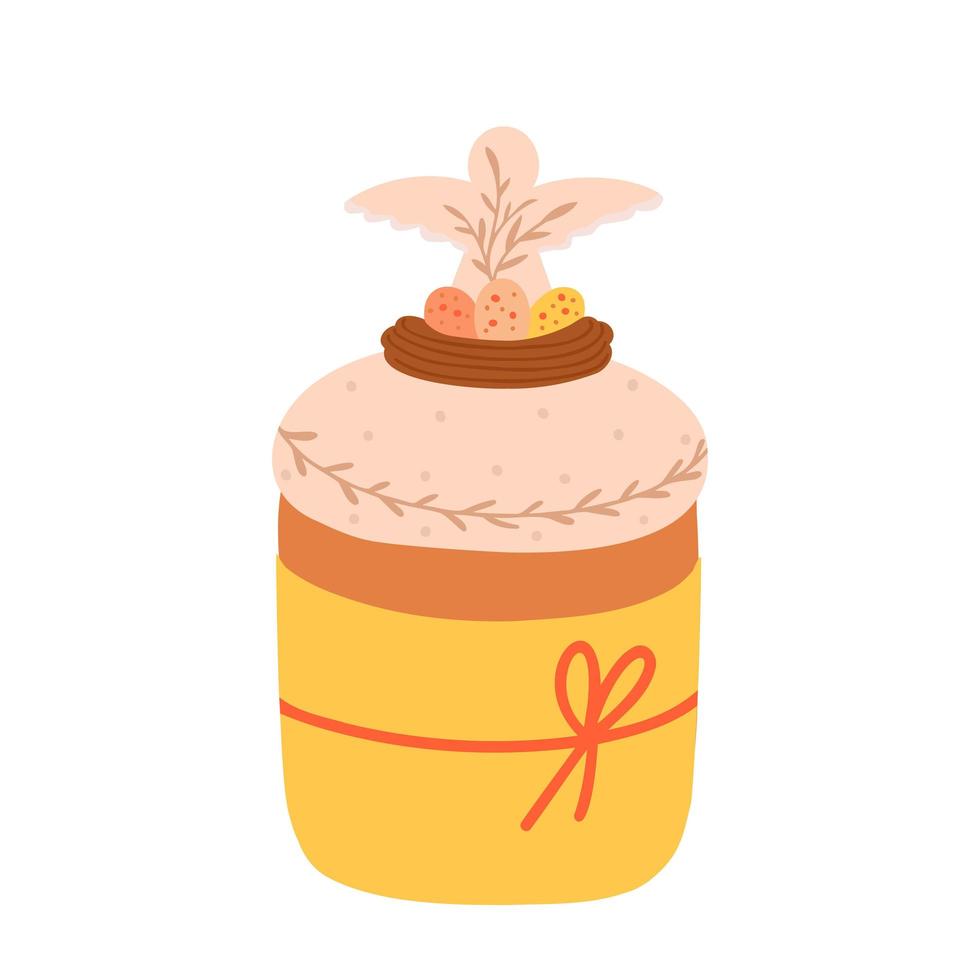 pastel de pascua, postre con decoración en forma de nido con huevos y ángel. ilustración para fondos, tarjetas de felicitación, carteles, textiles y diseño de temporada. aislado sobre fondo blanco. vector