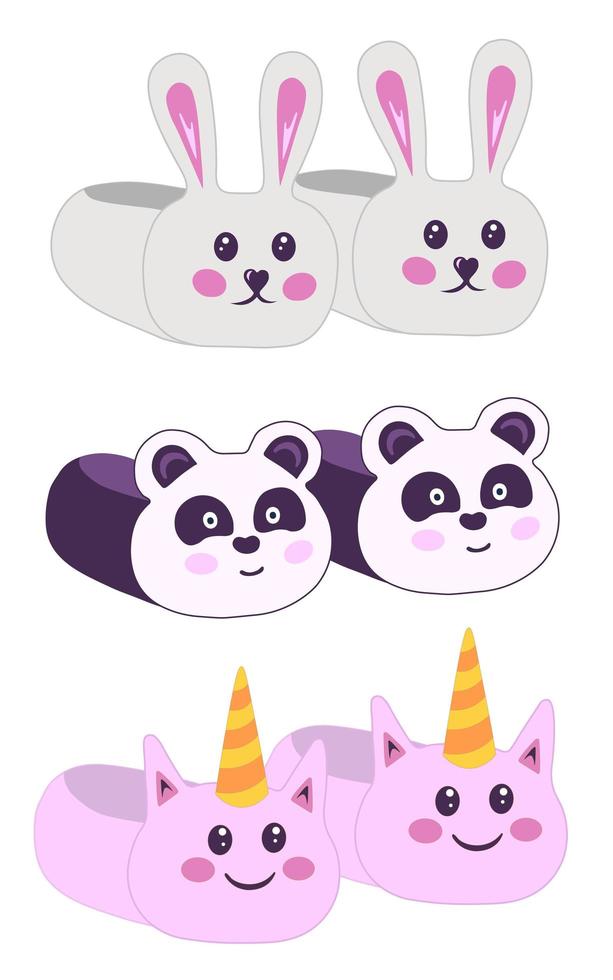 zapatillas de casa con panda, conejo, cabeza de unicornio sobre fondo blanco. vector