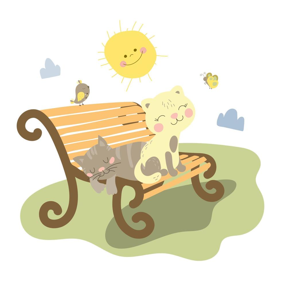 Two cats sitting on a bench. Cats basking in the sun. It's springtime outside. Vector illustration on white background in cartoon style. For print, web design.
