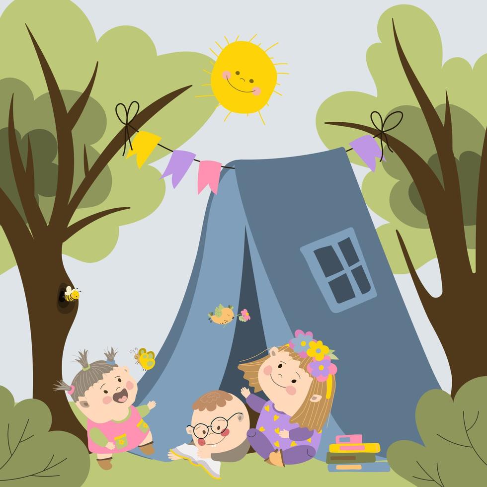 Happy kids on a summer camping trip. Children sitting near a tent in the woods. Vector illustration in cartoon style. For print, web design. Hand drawing.