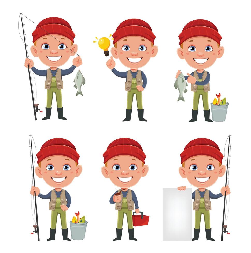 Fisherman, set of six poses. Cheerful fisher vector