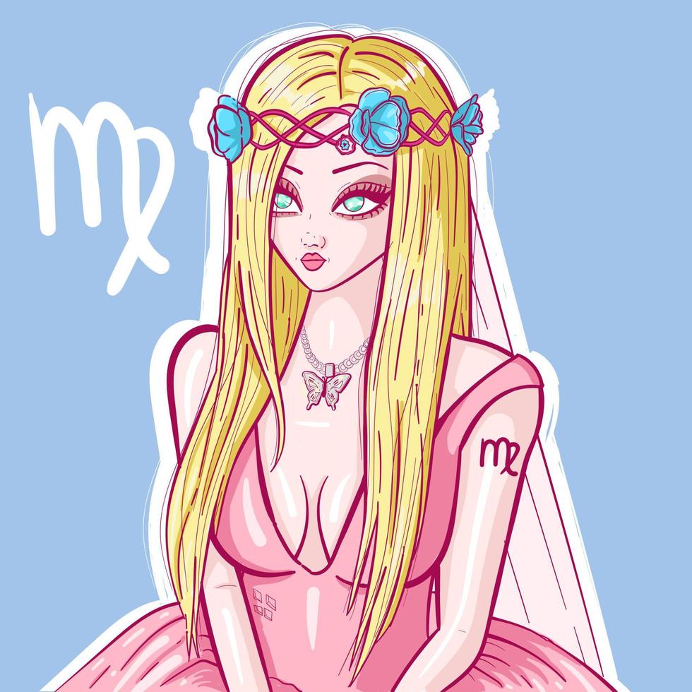 dibujos animados de anime de una chica rubia con ojos azules y un collar de mariposa. arte conceptual del signo virgo con flores en el pelo y un vestido de novia rosa con velo. vector astrológico y zodiaco.