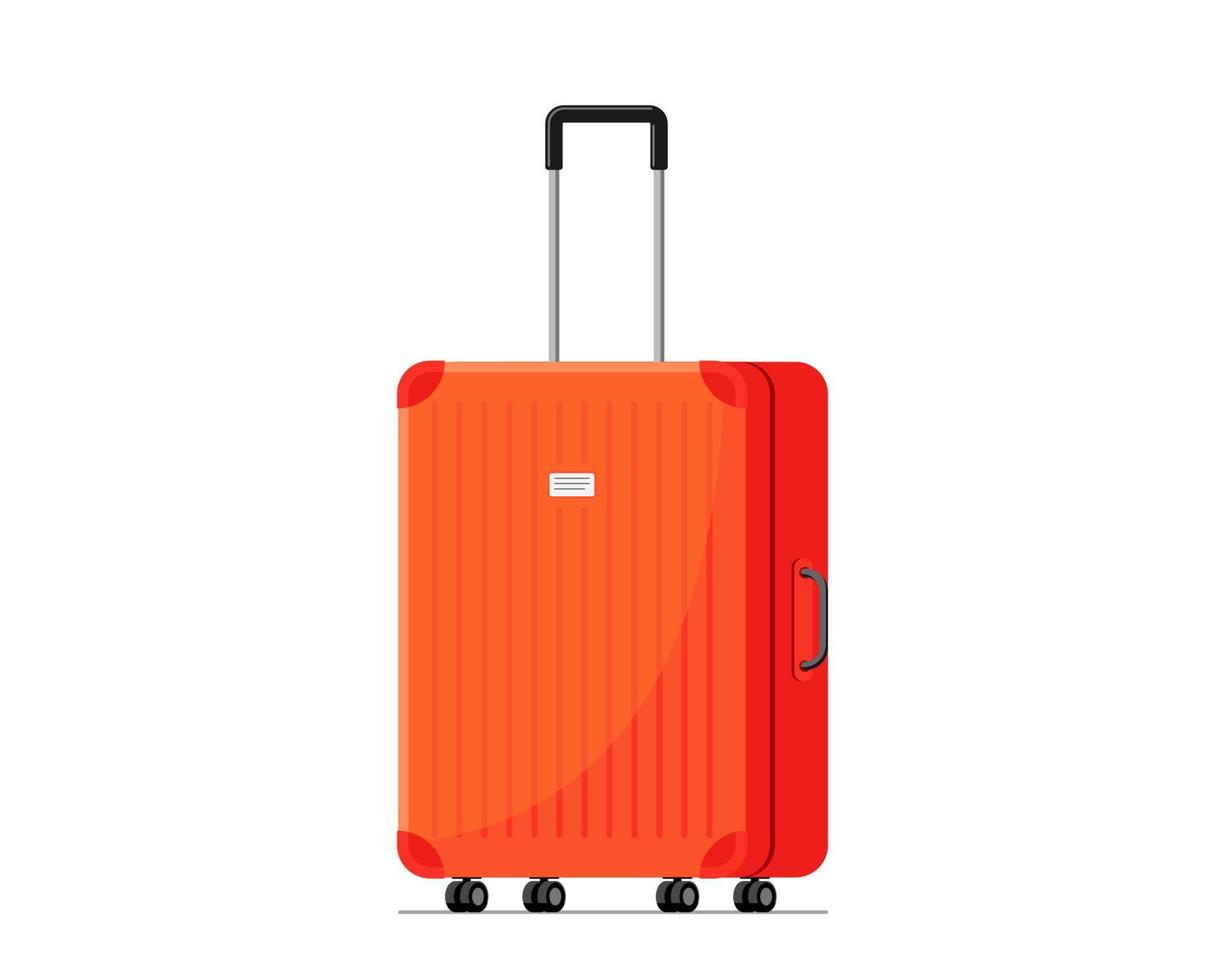 Red plastic suitcase baggage for travel with wheels and retractable handle front view. Luggage bag for summer vacation journey flat vector eps illustration