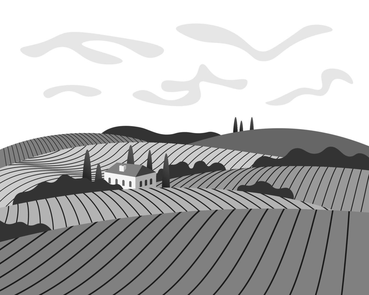 concepto de banner de granja de colinas de uvas de vino de viñedo. Romántico paisaje de filas de plantaciones de vides rurales con villa, campos, prados y árboles. vector eps ilustración de vid en crecimiento en blanco y negro