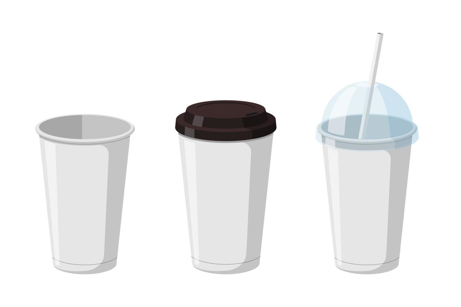 Disposable paper beverage cup templates set for coffee, soda or cocktail with black and transparent hemisphere lid. 3d blank white large cardboard soft drinks packaging collection vector illustration