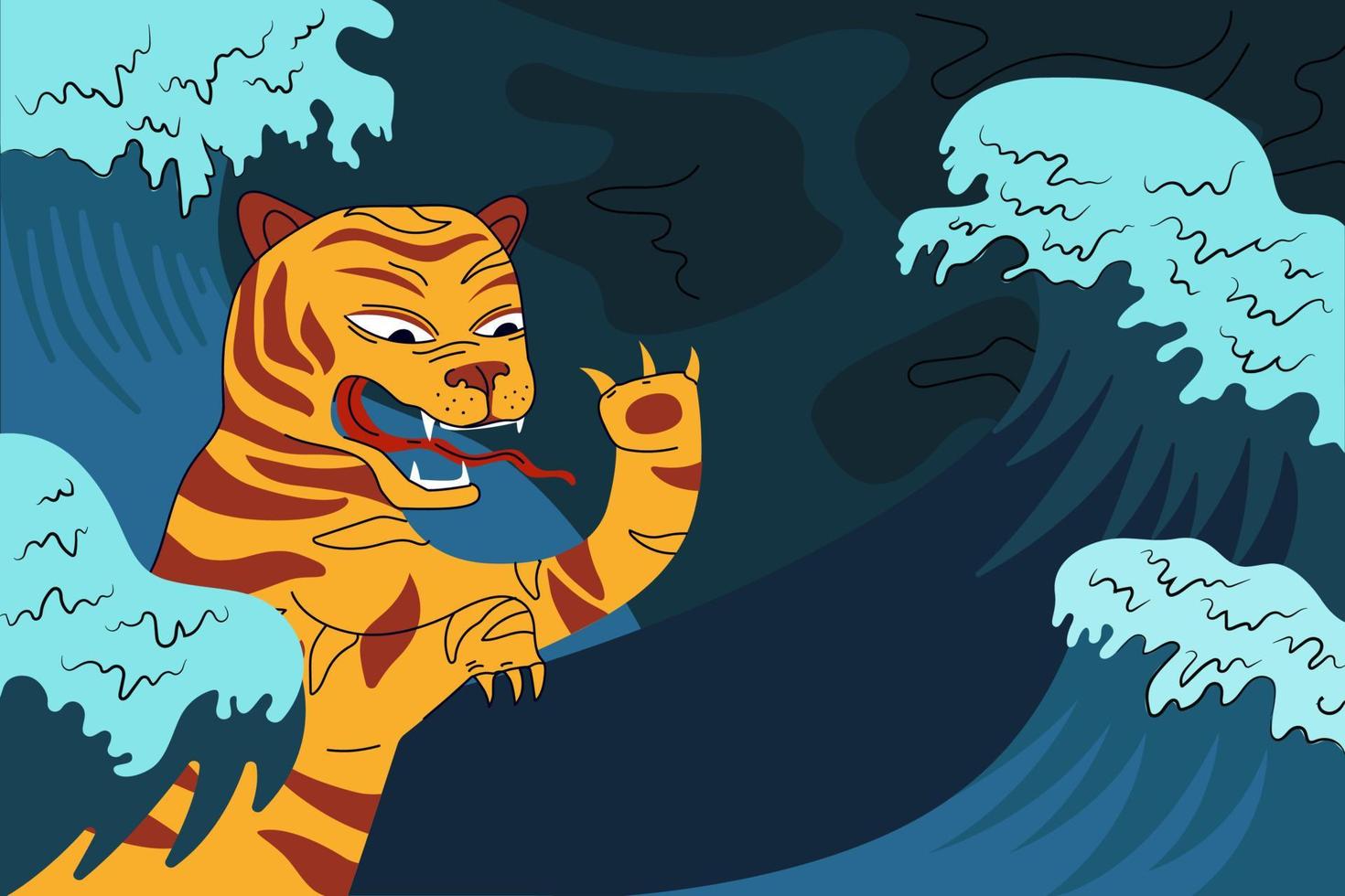 cartel horizontal del año nuevo chino del tigre de agua azul. tarjeta de felicitación con símbolo anual tradicional de china con olas. banner dibujado a mano para el calendario oriental 2022 años. dibujo abstracto popular asiático vector