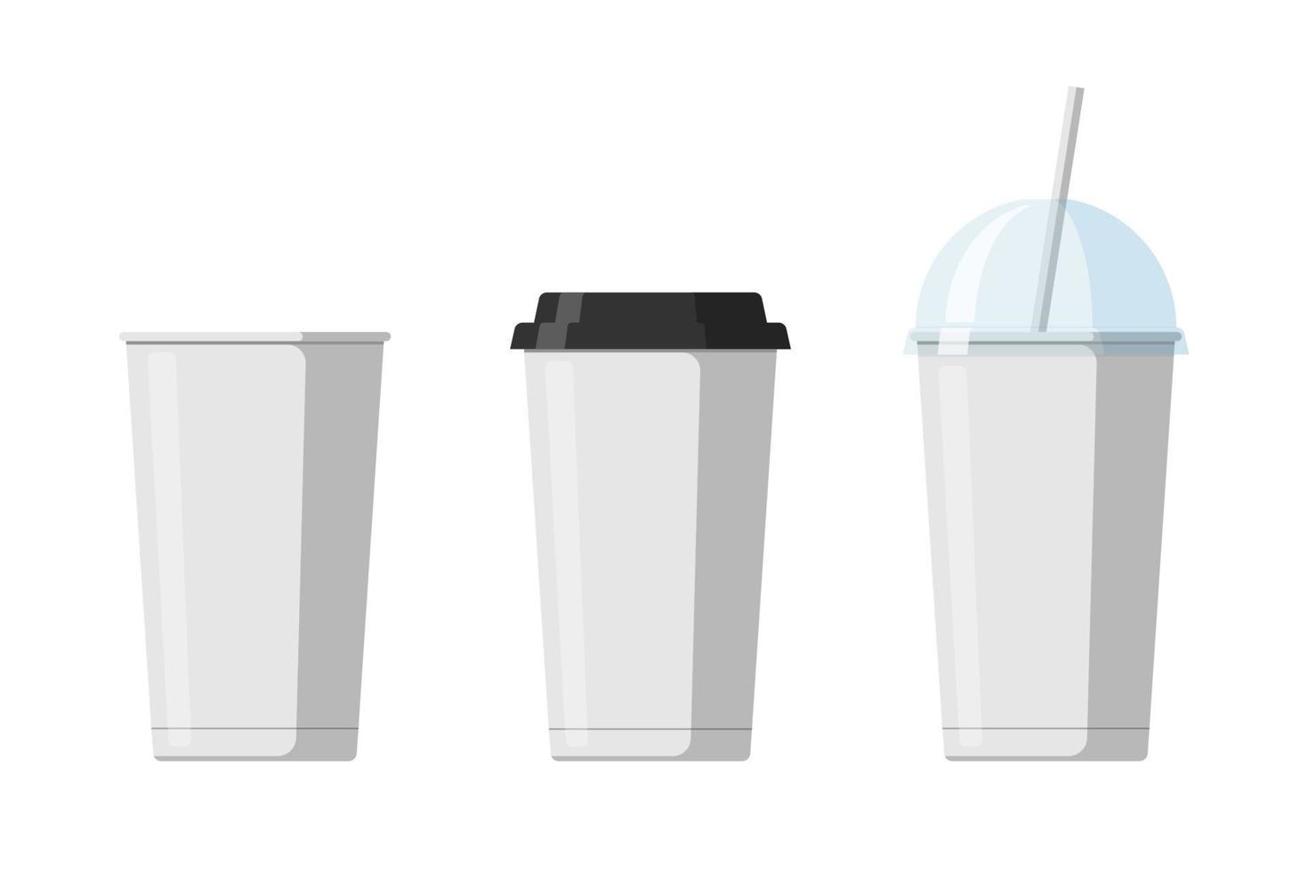 Disposable paper beverage cup templates set for coffee, soda or cocktail with black and transparent hemisphere lid. Blank white large cardboard soft drinks packaging collection vector eps illustration