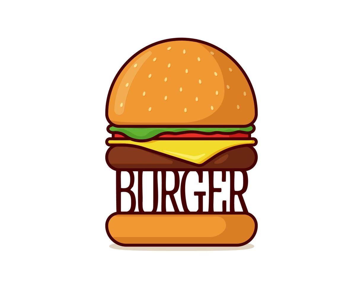 Burger fast food isolated logo. Hamburger logotype with tomato, bow, greens, juicy fried beef cutlet, cheese slice in toasted bun with sauce. Cheeseburger badge flat vector eps illustration