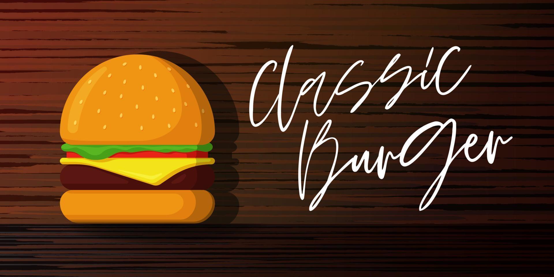 Classic burger fast food advertising banner template. Hamburger on wooden board marketing poster for cafe or restaurant. Fresh cheeseburger promo design horizontal vector eps illustration