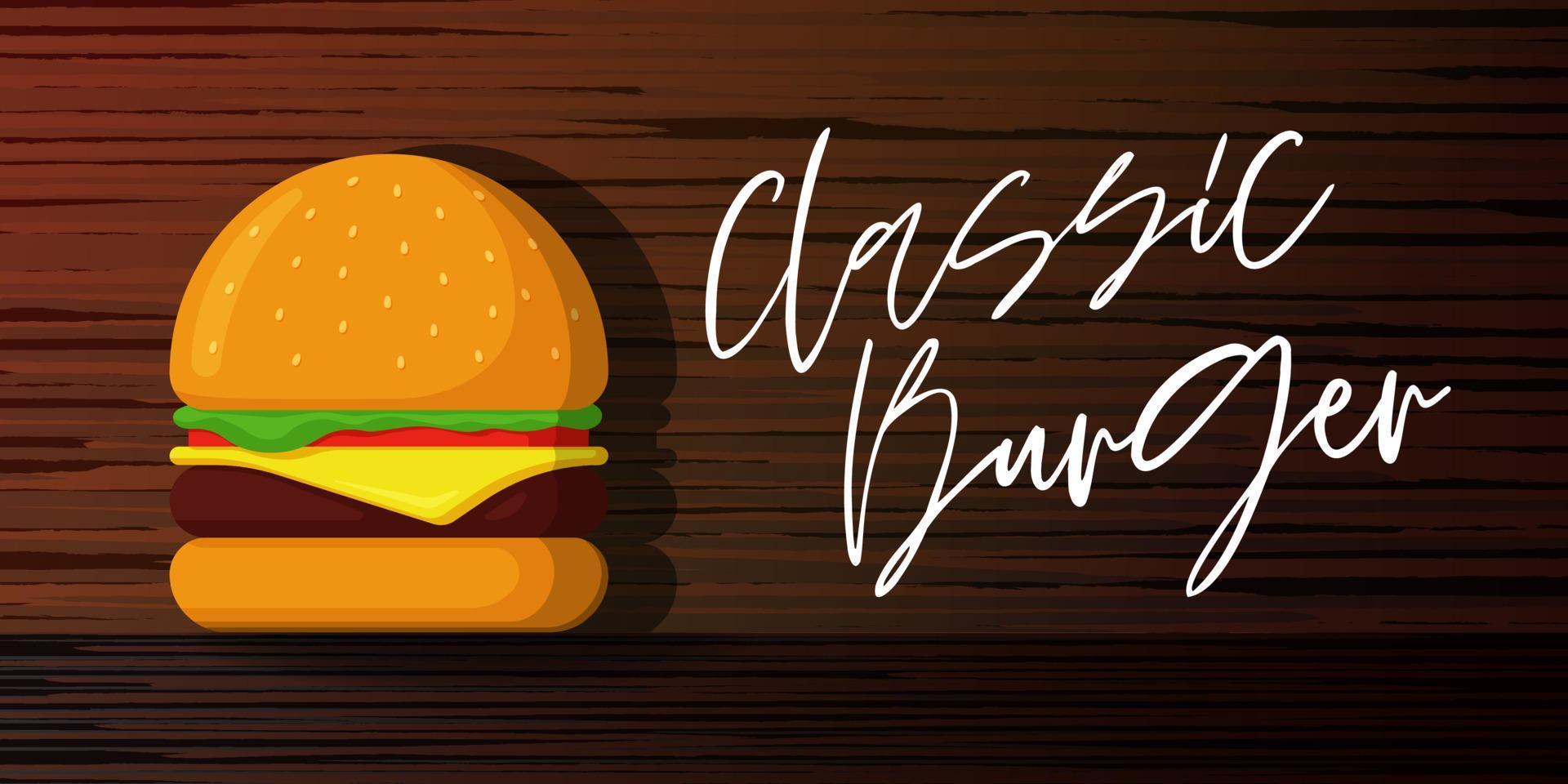 plantilla de banner de publicidad de comida rápida de hamburguesa clásica. hamburguesa en cartel de marketing de tablero de madera para cafetería o restaurante. diseño de promoción de hamburguesa con queso fresco ilustración de eps de vector horizontal