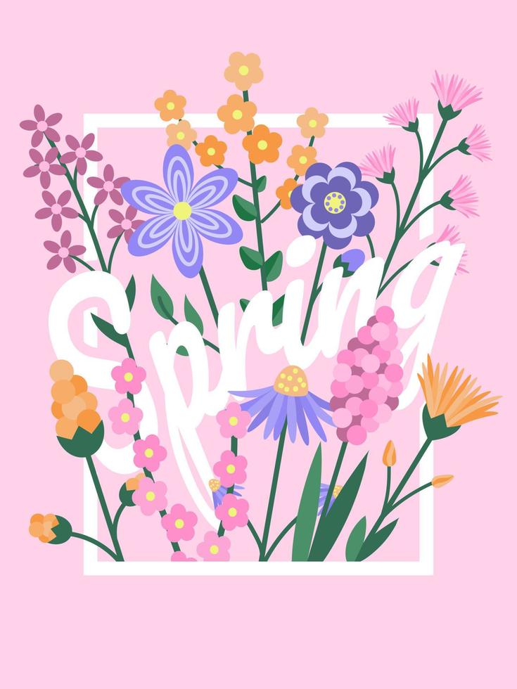 Flyer with spring flowers. Cartoon style. Greeting card. Vector illustration.