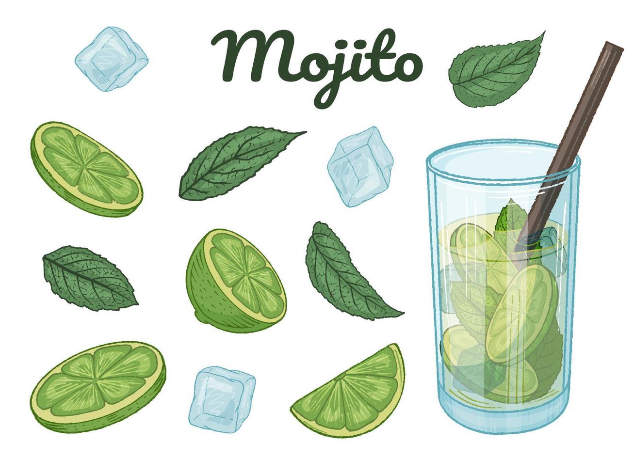 conjunto de mojito de cóctel dibujado a mano, lima, menta y cubitos de hielo. ilustración vectorial aislado en blanco vector