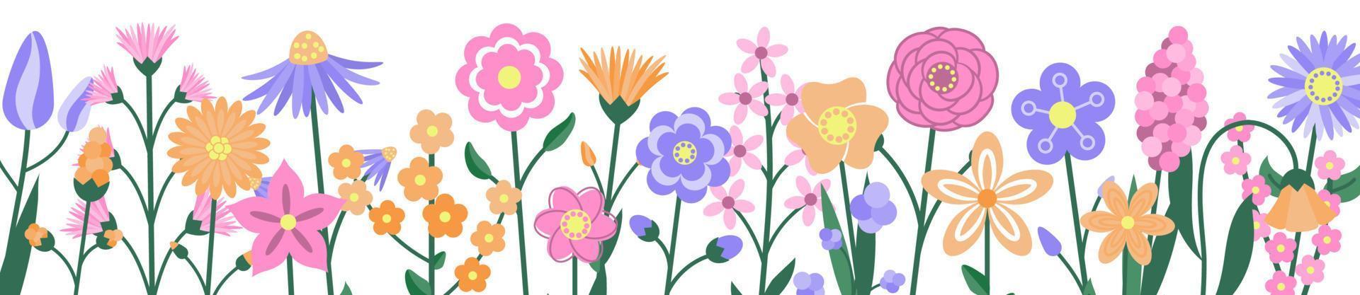 Horizontal banner with spring flowers. Cartoon style. Vector illustration.