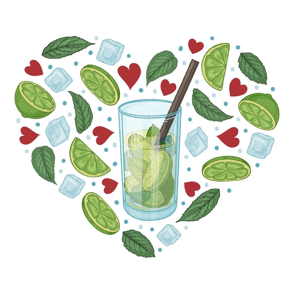 Cocktail mojito with lime, mint and ice cubes. Heart. Vector illustration.