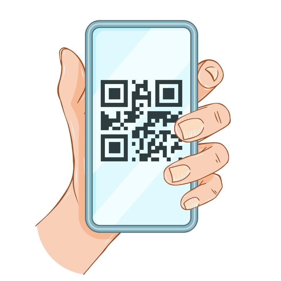 Hand with telephone. Qr code. Hand drawn color object. Vector illustration. Isolated on white.