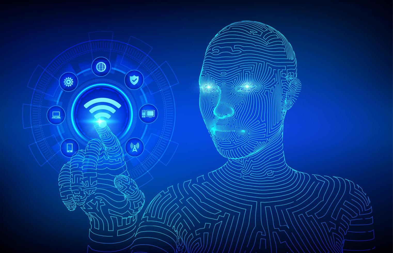 Wi Fi wireless connection concept. Free WiFi network signal technology internet concept. Mobile connection zone. Data transfer. Robotic hand touching digital interface. Vector illustration.