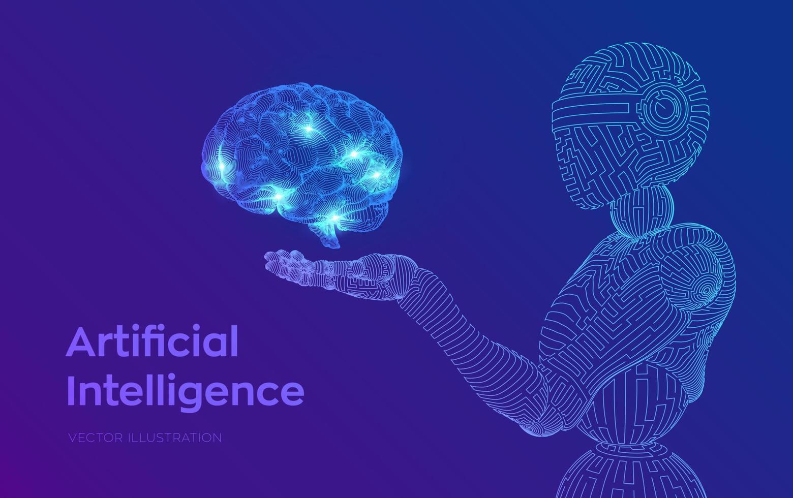 AI. Artificial intelligence. AI in the form of cyborg or bot. Wireframe robot. Digital brain. Brain in robotic hand. Machine learning. Graphic design concept of future. Vector illustration.