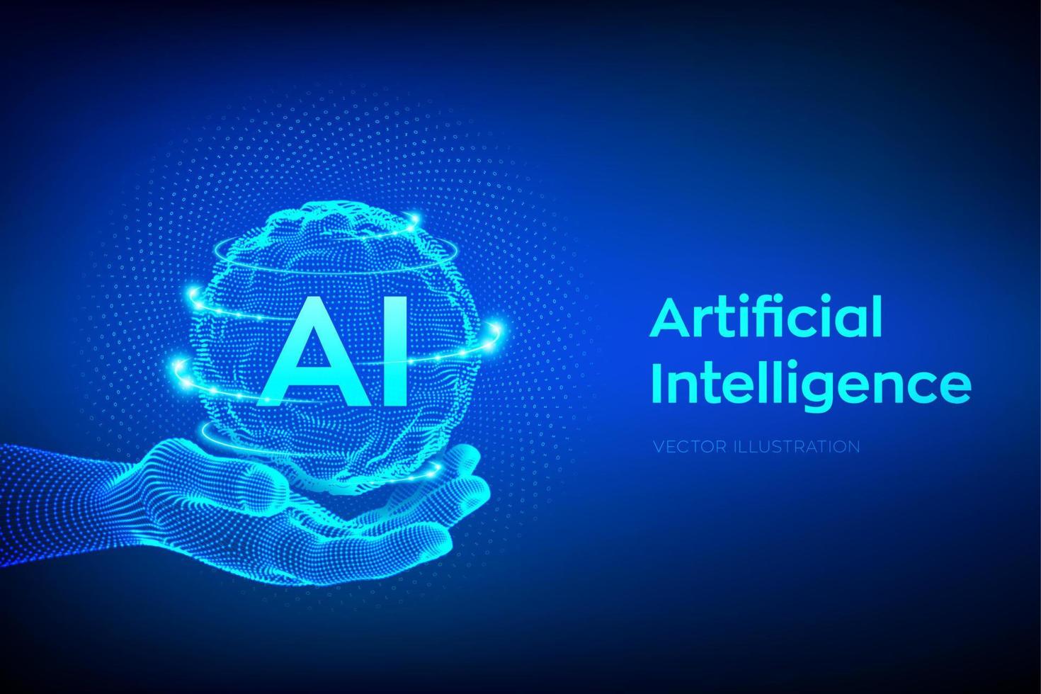 AI. Artificial Intelligence Logo in hand. Artificial Intelligence and Machine Learning Concept. Sphere grid wave with binary code. Big data innovation technology. Neural networks. Vector illustration.