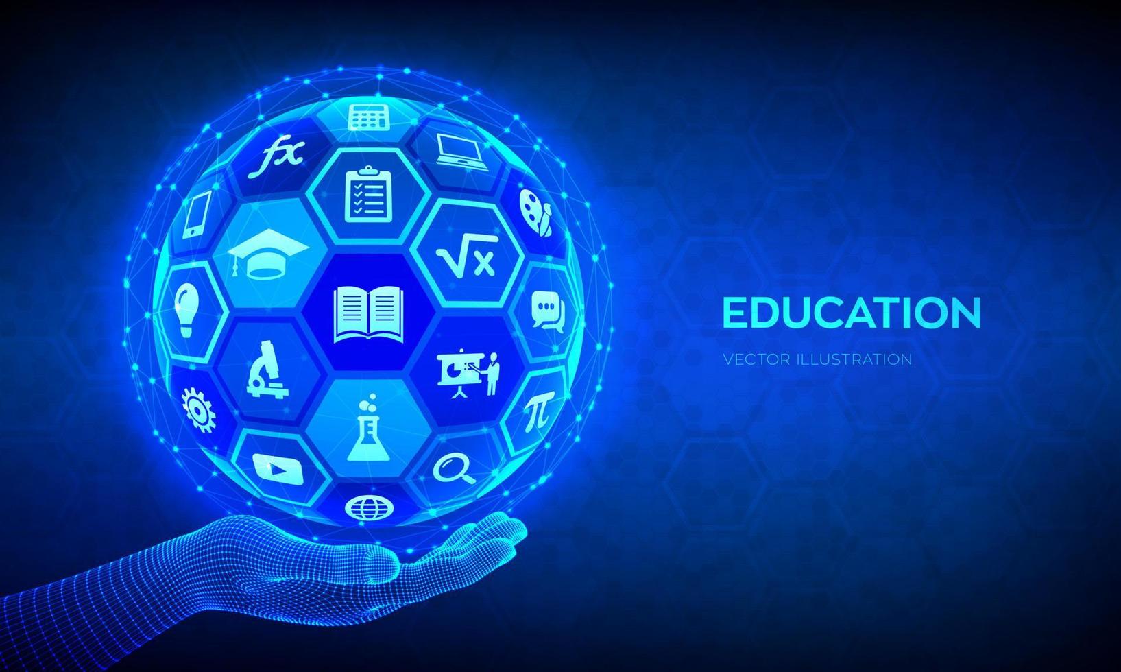 E-learning. Innovative online education technology concept. Webinar, teaching, online training courses. Skill development. Abstract 3D sphere with surface of hexagons with icons in hand. Vector. vector