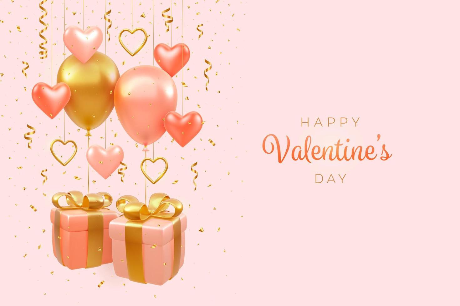 Valentine's Day background, banner. Realistic festive pink gift boxes with golden bow. Balloons fly helium round and hearts shape. 3d gold metallic hearts and glitter confetti. Vector illustration.