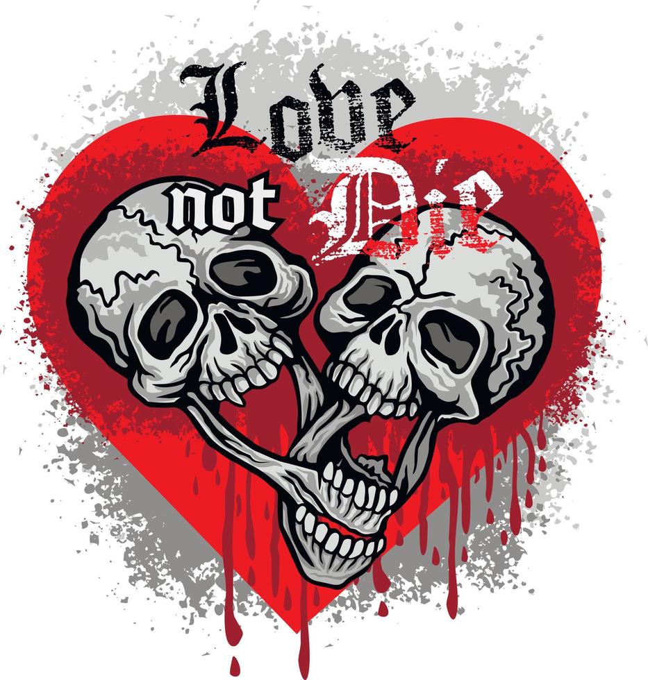 valentine skull with heart, grunge vintage design t shirts vector