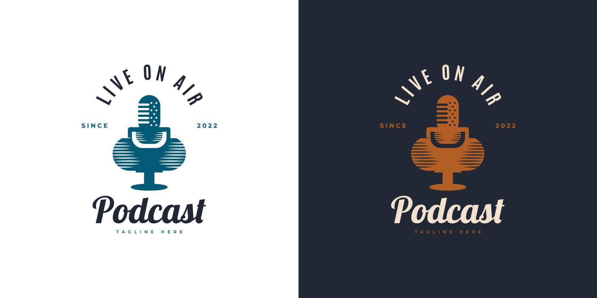 Vintage Podcast Logo Design. Podcast, Radio or, Microphone Logo or Icon. Webcast Audio Record Concept Logo vector