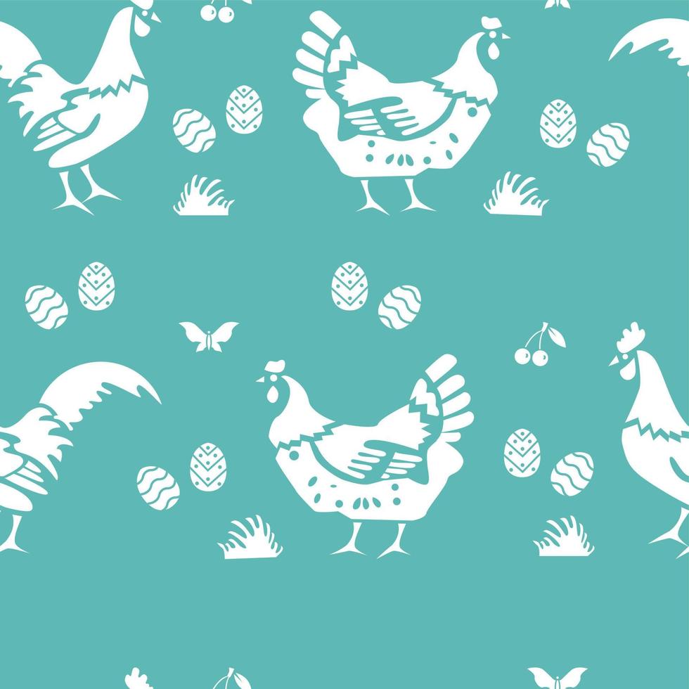patrón de pascua sin costuras con gallina blanca, huevos cerezas hierba sobre fondo azul vector