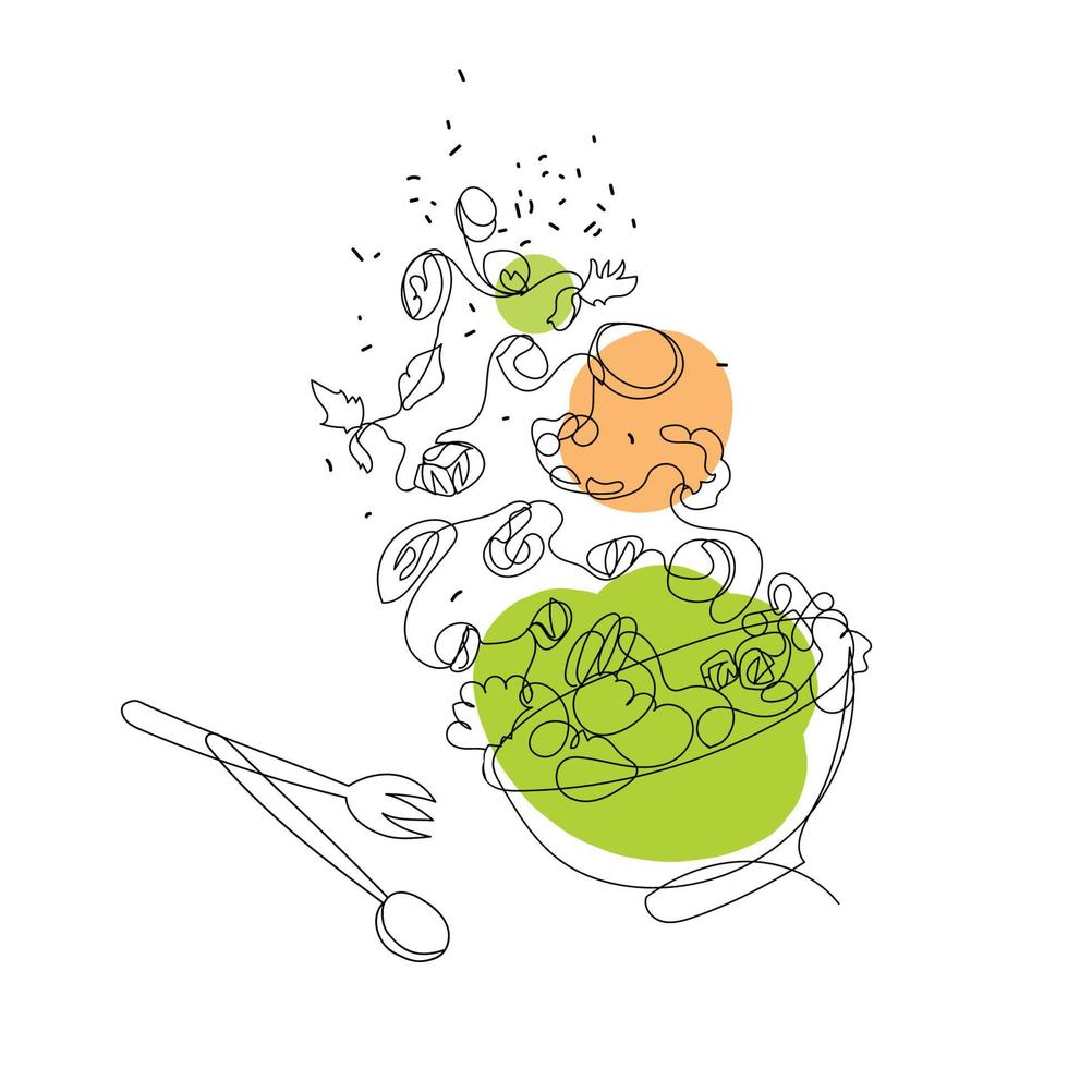 arte de línea continua, cuenco con verduras frescas voladoras, trozos de pescado, camarones, tomates y otros alimentos saludables, cuchara y tenedor de cubiertos aislados en fondo blanco dibujado en estilo moderno.vector vector