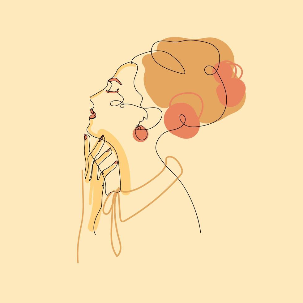 mujer de moda con patrón de línea continua sobre fondo beige pastel en estilo retro vintage, gran diseño para cualquier propósito. porter dama vintage con alto peinado en estilo de esquema moderno. vector