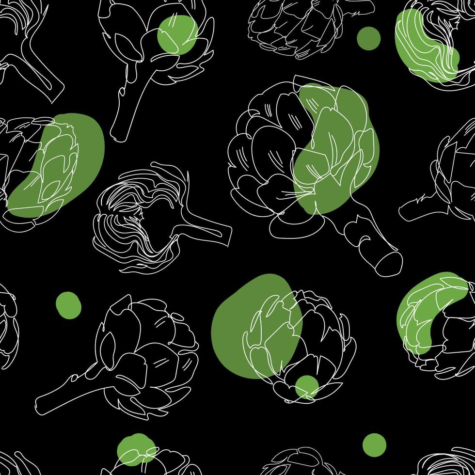 Drawn in sketch style artichokes on a black background.Seamless pattern with artichokes, concept of healthy food and ecological vegetables.Vector illustration vector