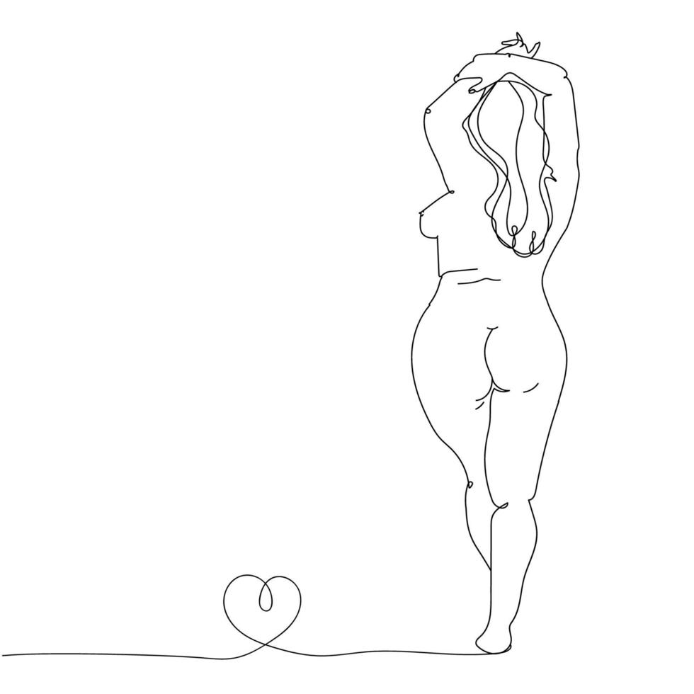 Beautiful naked woman plus size. Drawn in art line, continuous line modern style, isolated vector illustration on white background. Concept love yourself and body positive. Curvy female figure.