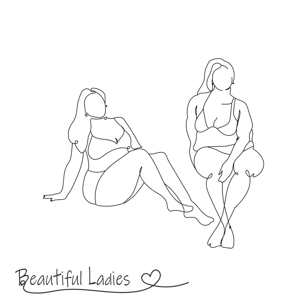 two beautiful young women with curvy plus size bodies, in contour line art modern style.Vector illustration of a bodypositive girl isolated on white background.Love yourself concept vector