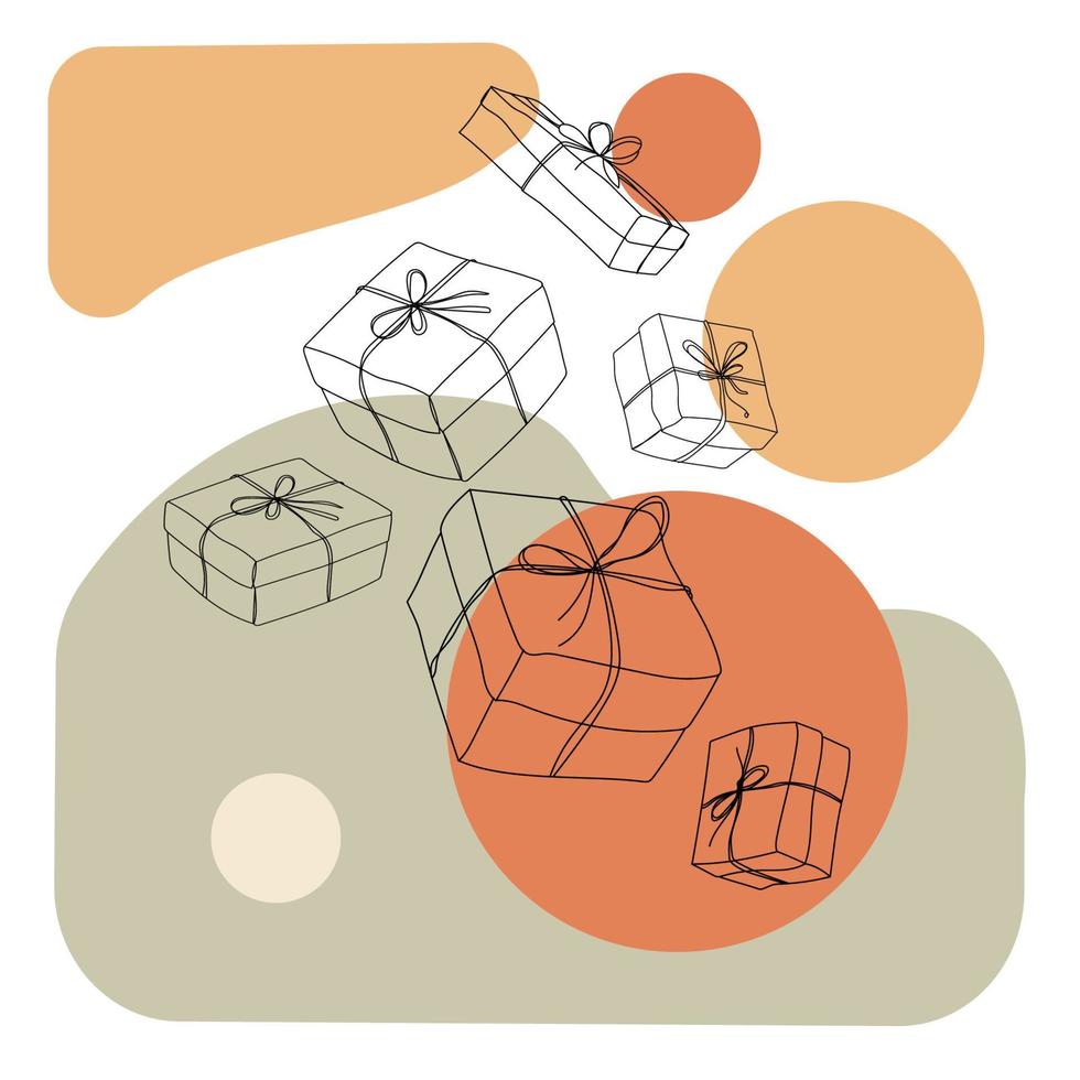 dibujo vectorial de diferentes cajas de regalo en un fondo abstracto con manchas de diferentes formas en colores pastel. día del boxeo, embalaje vector