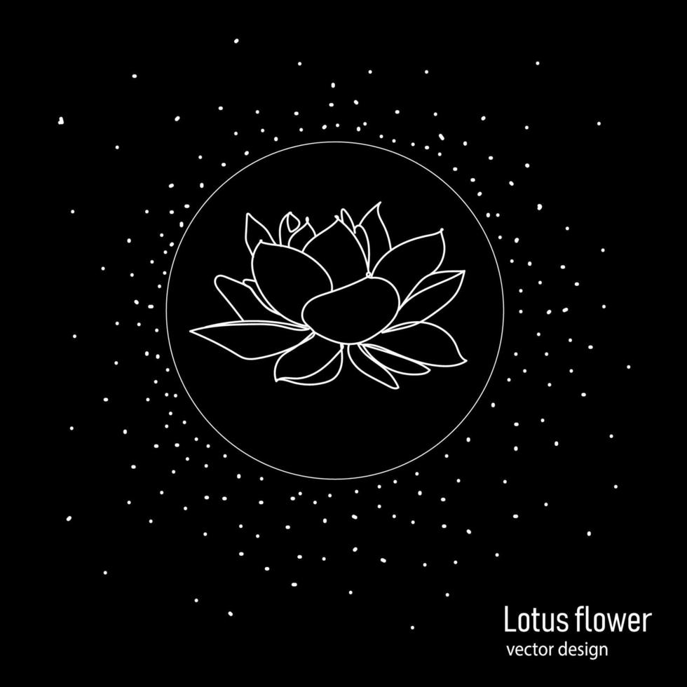 Lotus flower in a circle on a black background.Drawing in minimalistic single line style, simple drawing of a lotus, great vector design for printing, water lily icon, logo.Vecton illustration