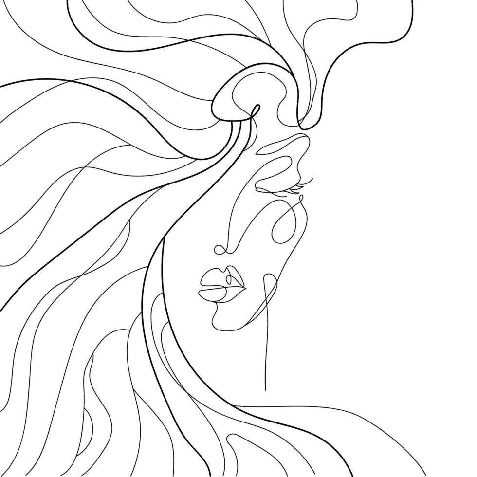 rostro femenino abstracto, retrato surrealista de una mujer con cabello largo aislado en fondo blanco. ilustración de moda en estilo de contorno de boceto, gran diseño vectorial para imprimir. vector