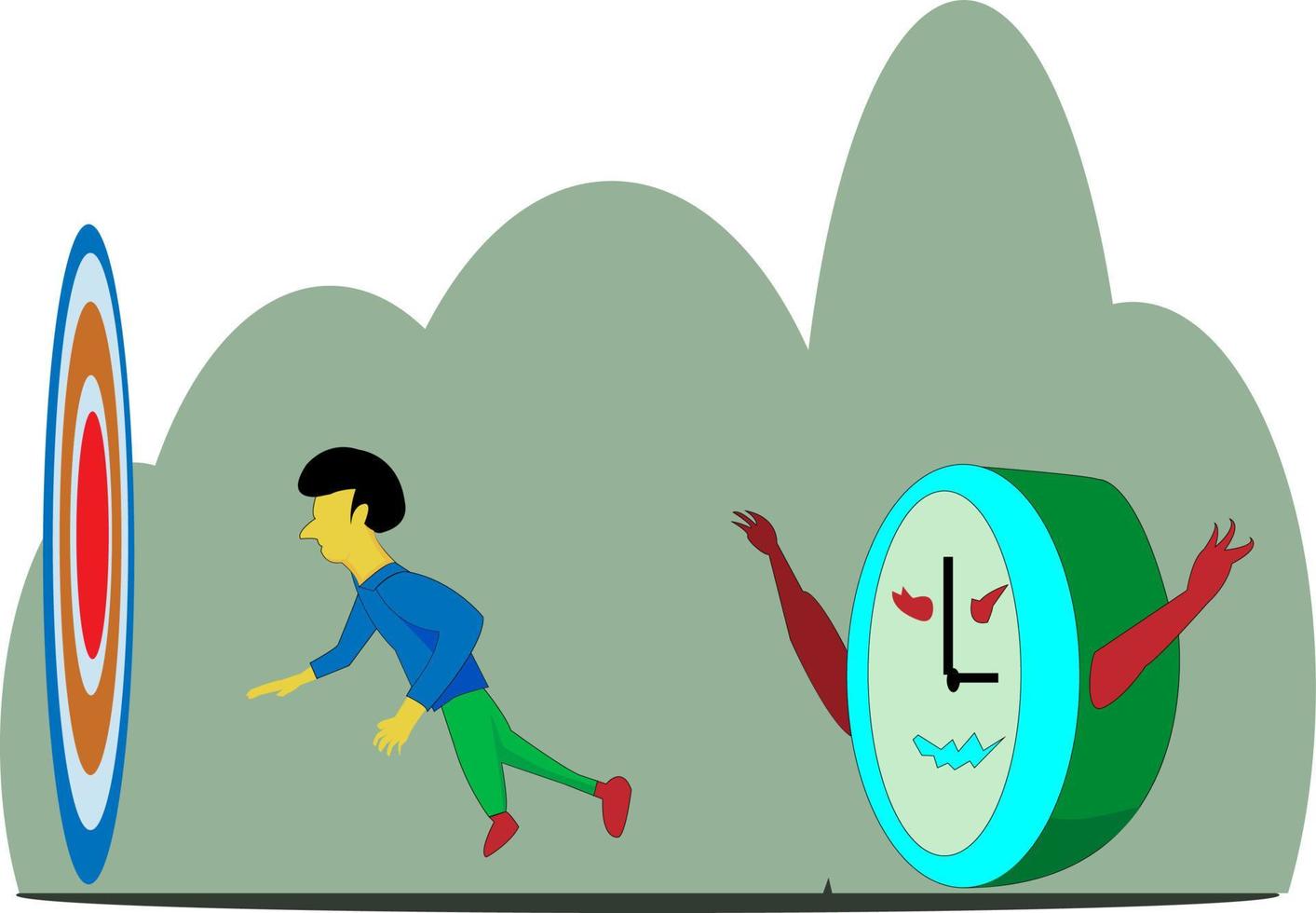illustration of deadline, someone is being rushed for work, chasing a target, being chased by a clock. flat style vector