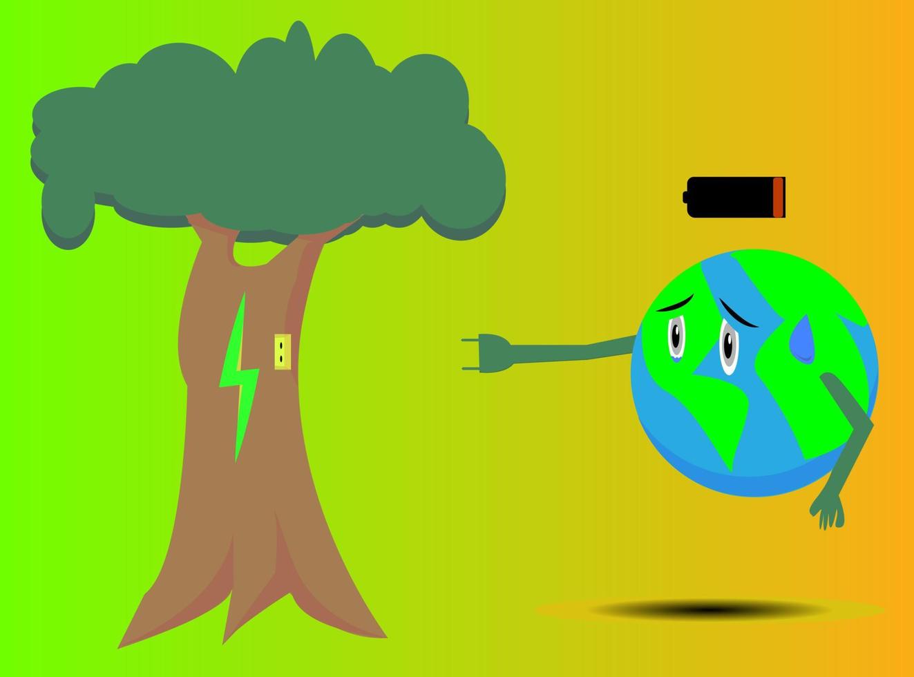 illustration of the earth that is experiencing a lack of energy and will charge to a tree vector