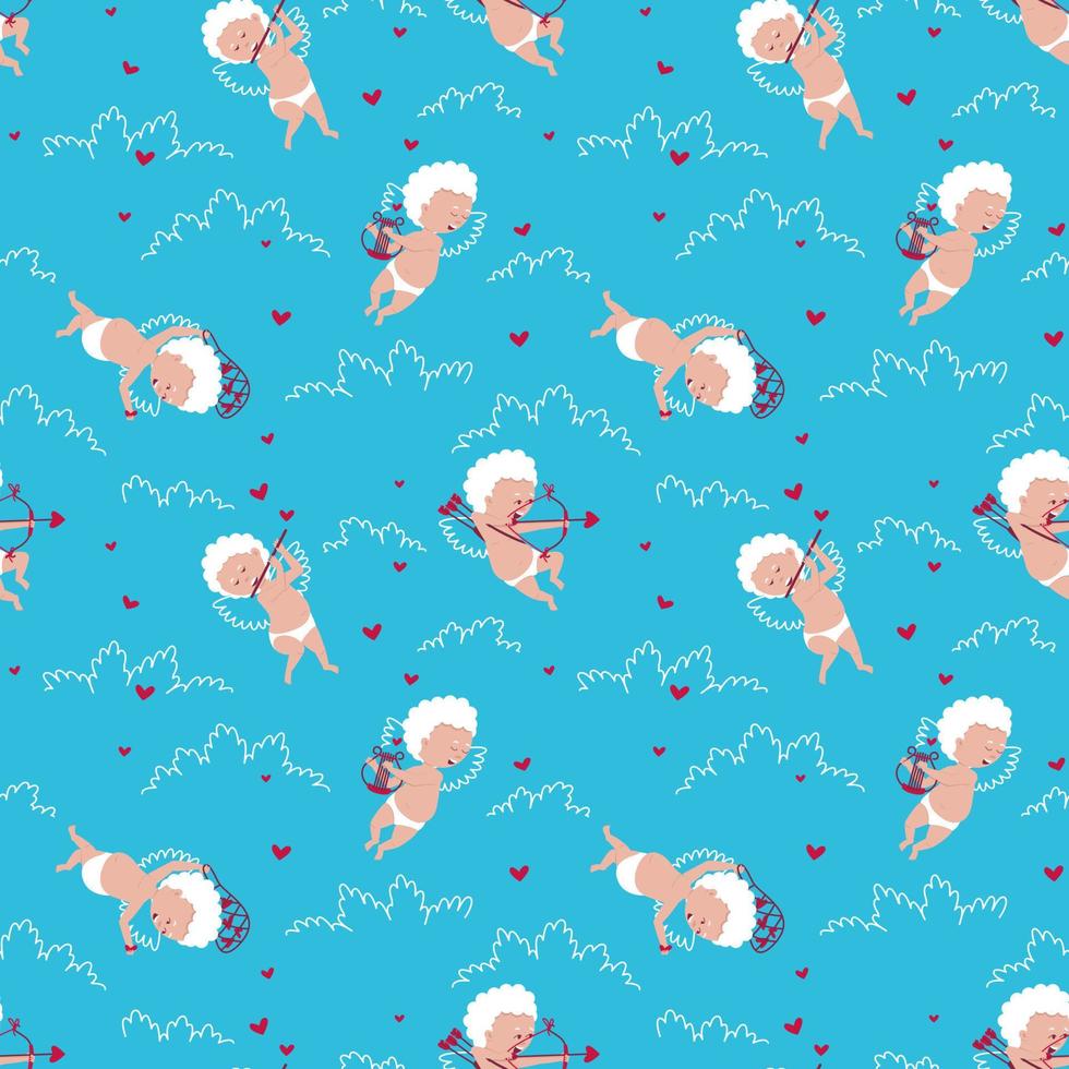 Seamless pattern of cupids flying in the clouds vector