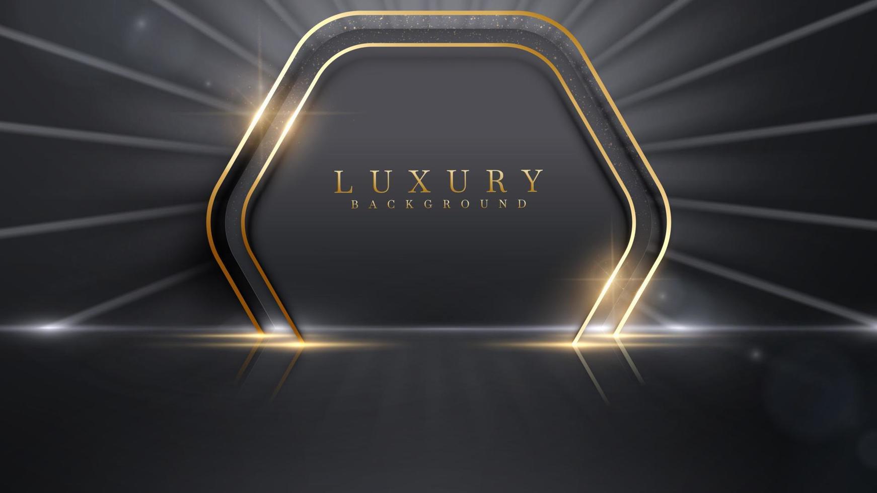 Stage and golden frame with light rays and bokeh decoration. Luxury black background. vector