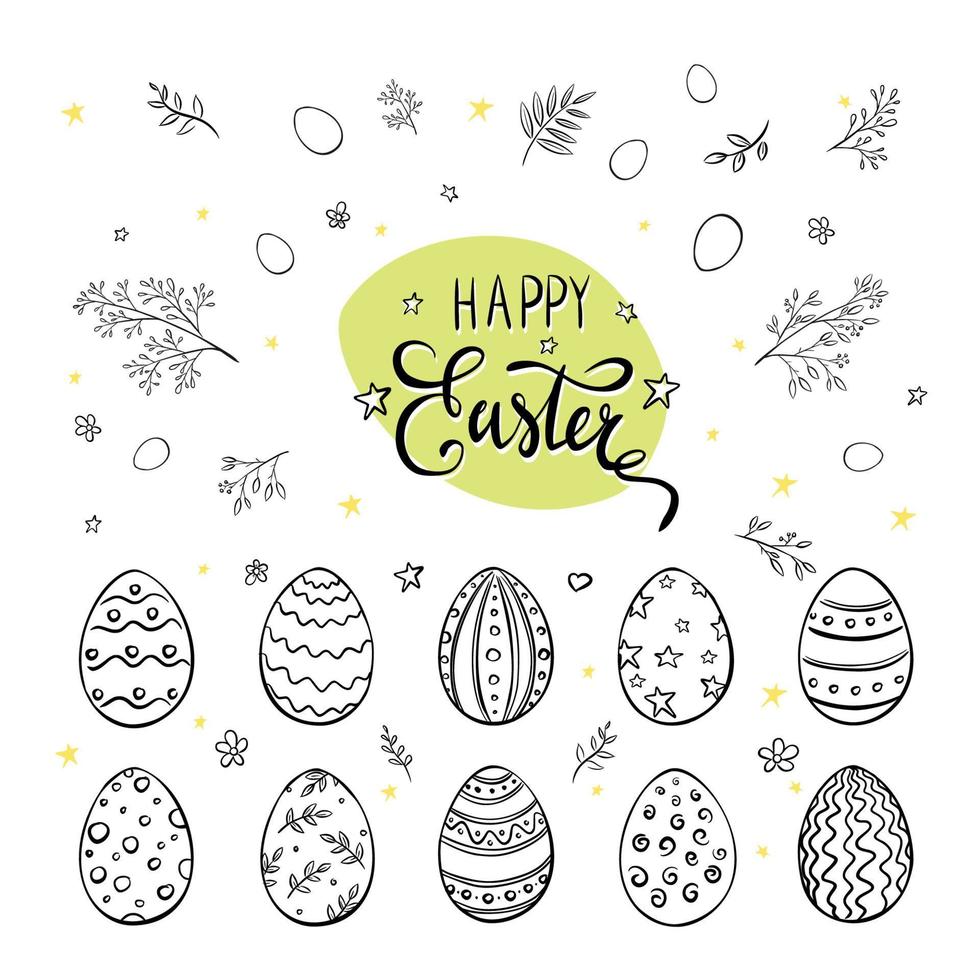 Easter Eggs Set. Hand drawn Happy Easter Elements Collection for background, sticker, print, greeting cards design and decoration vector