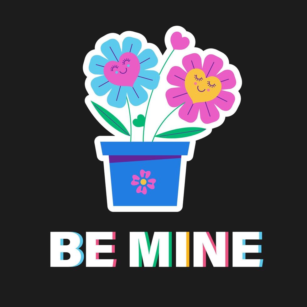 The sticker is vector. Be mine. Flowers in love in a pot. vector