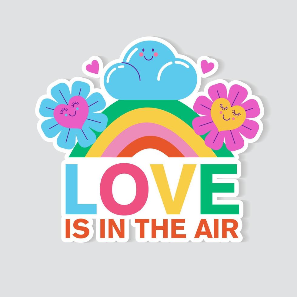 Vector sticker. Flowers in love and a cloud on a rainbow. Love is in the air.