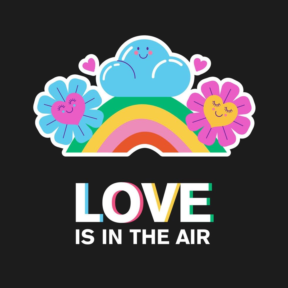 Vector sticker. Flowers in love and a cloud on a rainbow.
