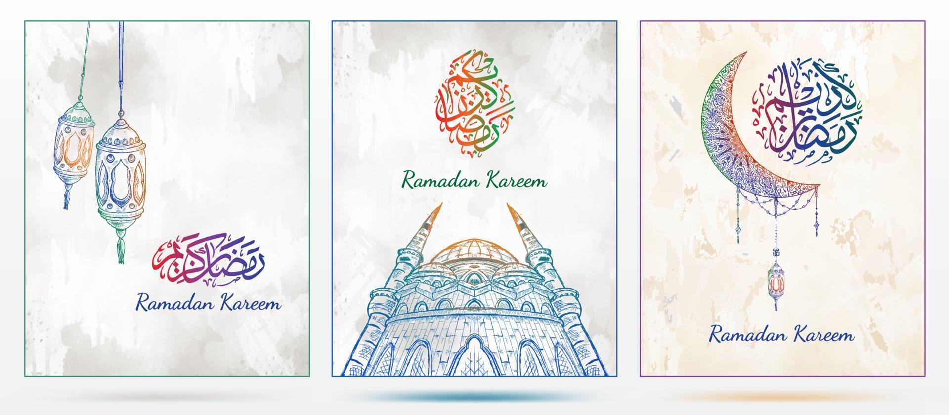 Vector Ramadan Kareem greeting card with hand drawn lantern, mosque, crescent moon, floral mandala and colorful calligraphy. Sketch drawing style with grunge background.