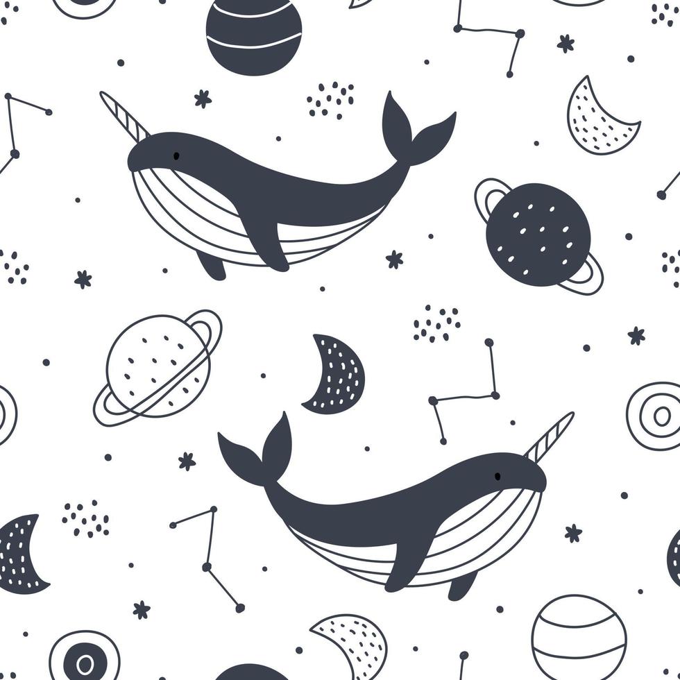 Nursery seamless Blue whale and space pattern hand drawn in cartoon style Use for textiles, prints, wallpapers, vector illustration