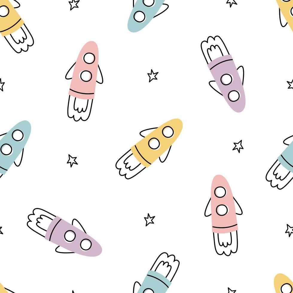 Space background with rockets and stars baby seamless vector pattern in cartoon style for print, wallpaper, decoration, textile