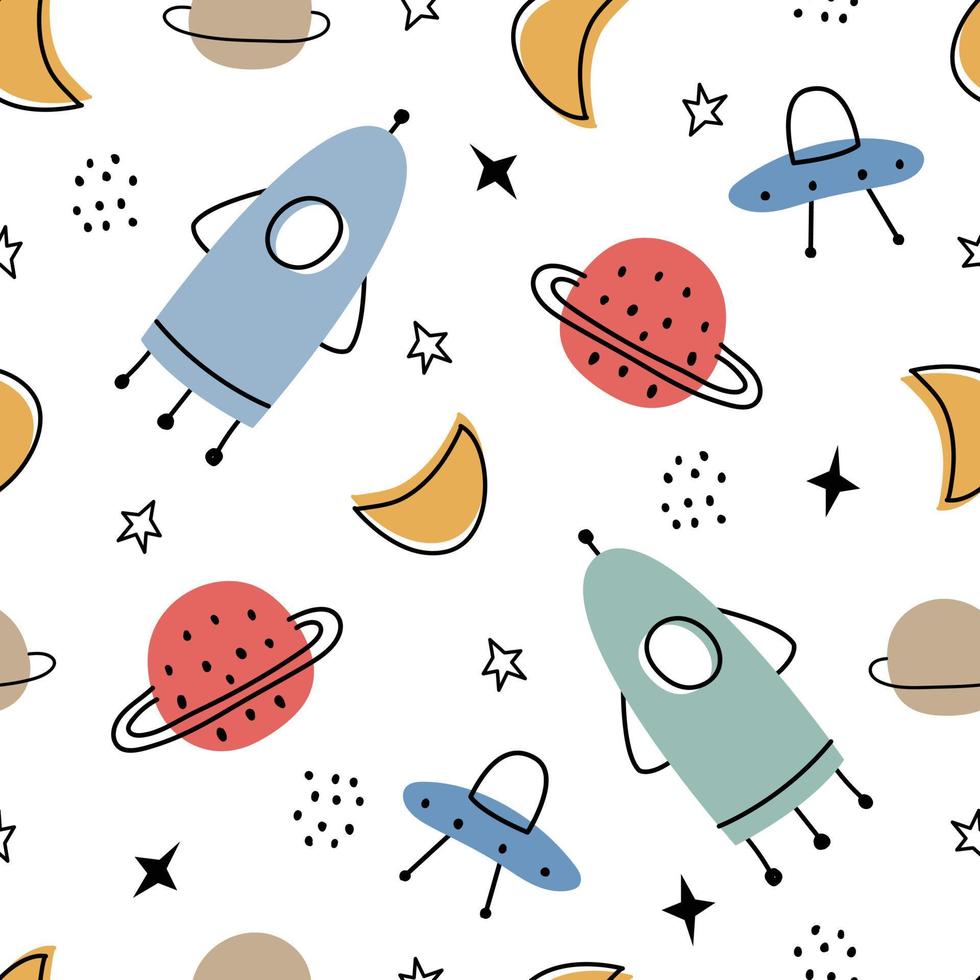 fondo espacial con cohetes y estrellas vivero patrón vectorial sin costuras en estilo de dibujos animados para impresión, papel pintado, decoración, textil vector