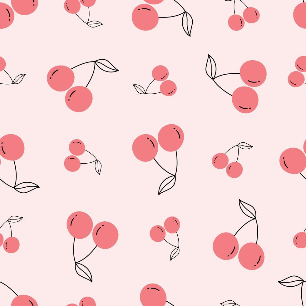 Cerezas rojas sobre un fondo rosa de patrones sin fisuras fondo de frutas para imprimir, decoración de papel tapiz, ilustración vectorial vector