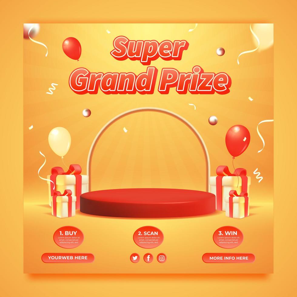 Grand prize contest social media template with podium and gift box vector